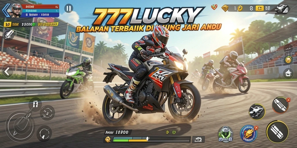 Tampilan gameplay mendebarkan dari 777LUCKY saat balapan motor.