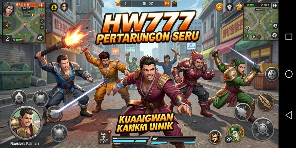 Screenshot utama HW777 menampilkan pertarungan karakter dengan efek visual menarik.