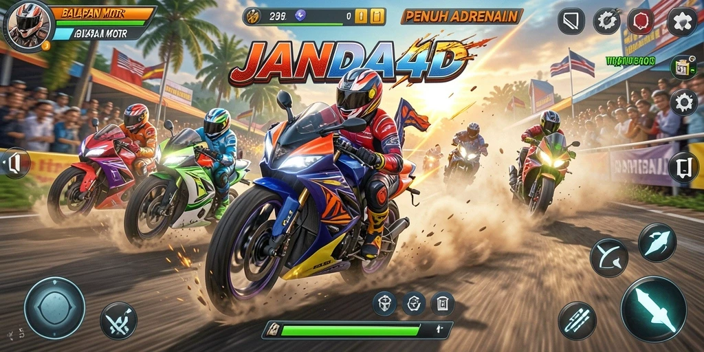Tampilan utama gameplay JANDA4D dengan balapan motor yang mendebarkan.