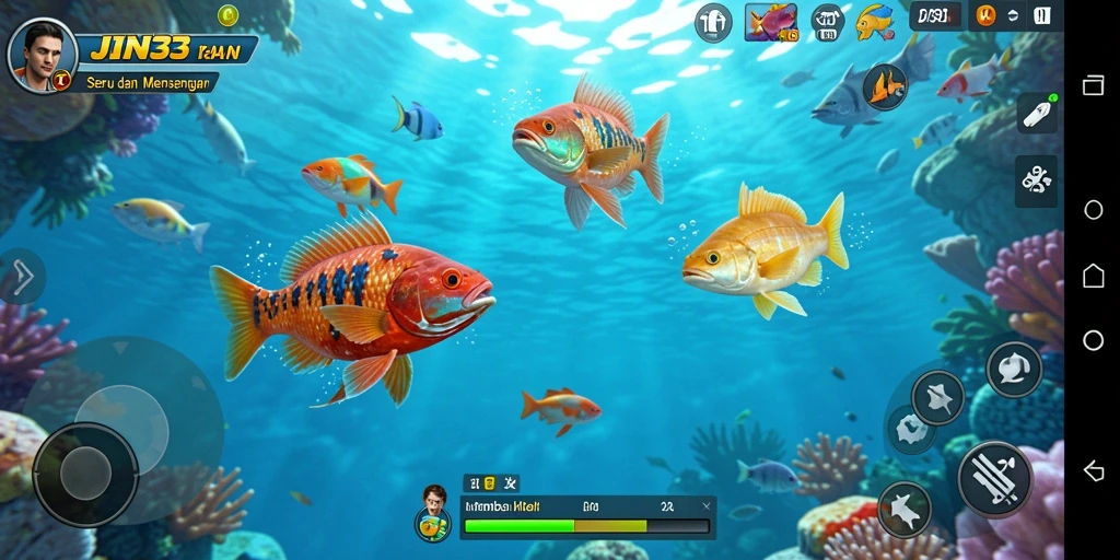 Screenshot gameplay <strong>JIN33</strong> dengan suasana laut yang cerah dan beragam ikan.