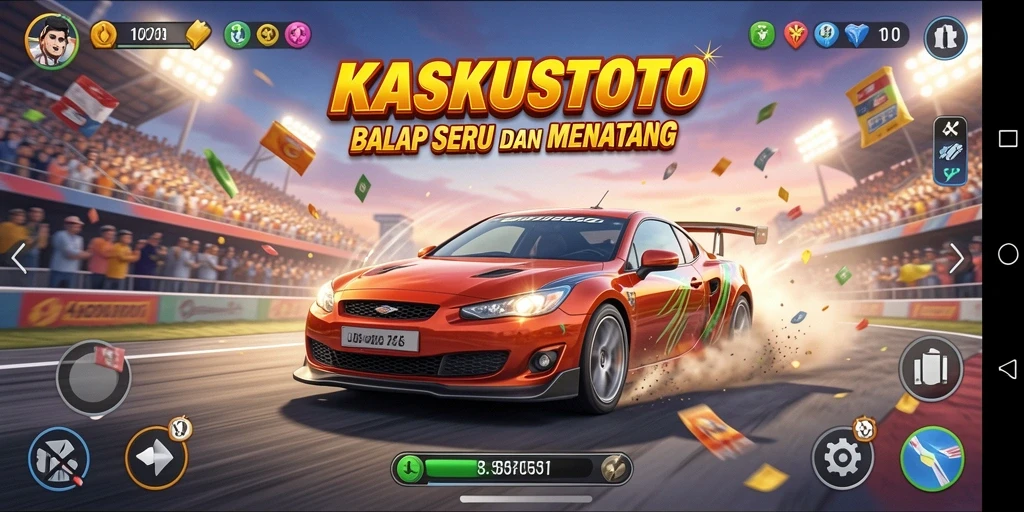 Gameplay seru KASKUSTOTO dengan mobil balap yang menantang.