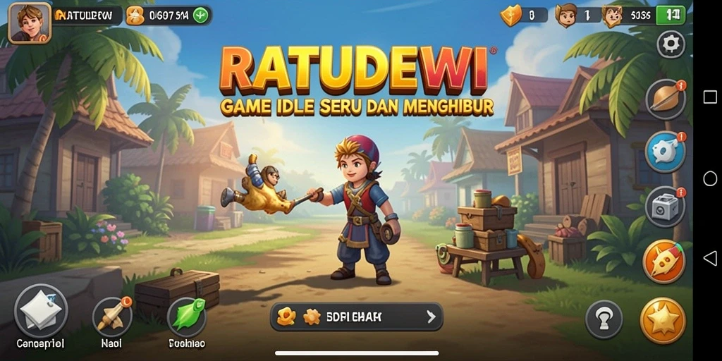 Tampilan gameplay seru dari RATUDEWI, menunjukkan kemajuan kerajaanku.