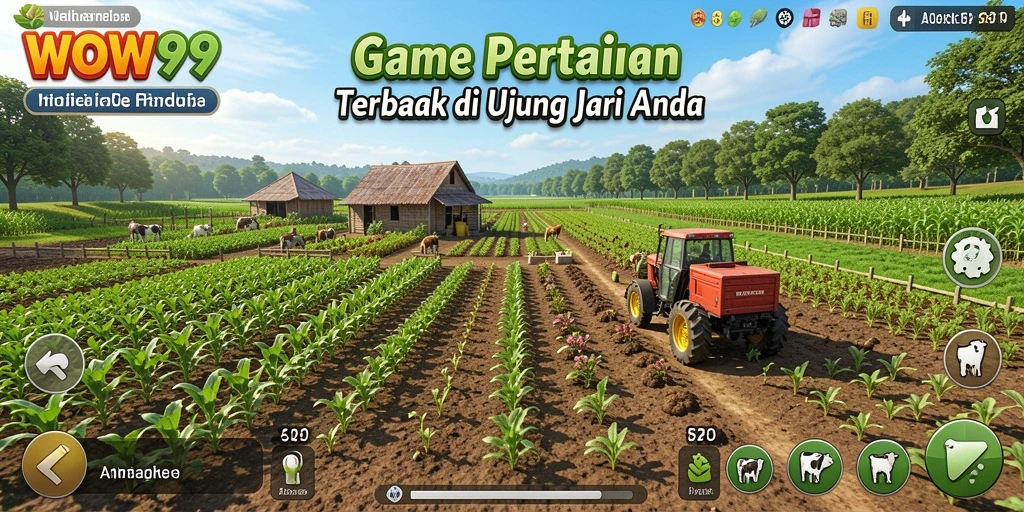 Tampilan gameplay WOW99 dengan ladang hijau yang subur dan tanaman beragam.